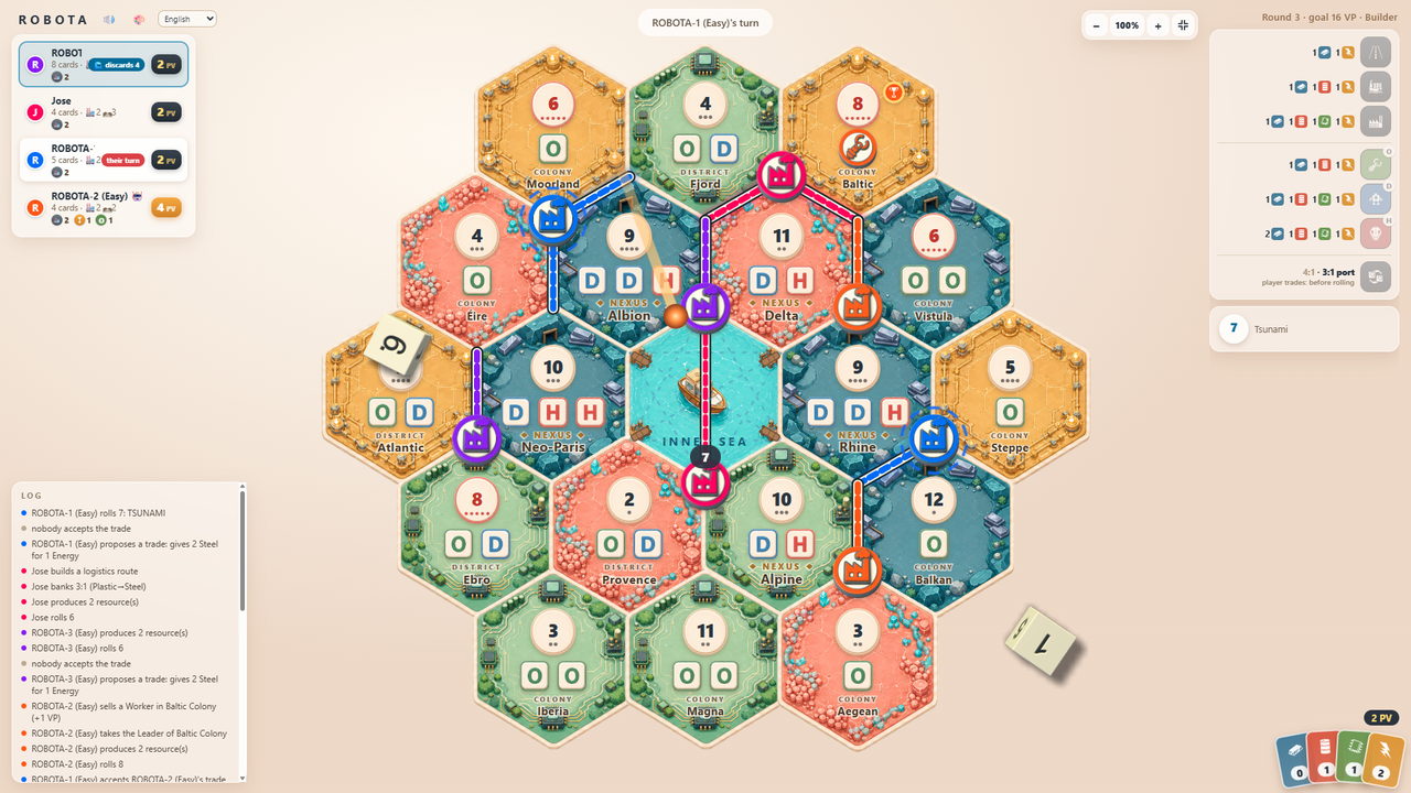 The ROBOTA board with its factories, routes and the move log